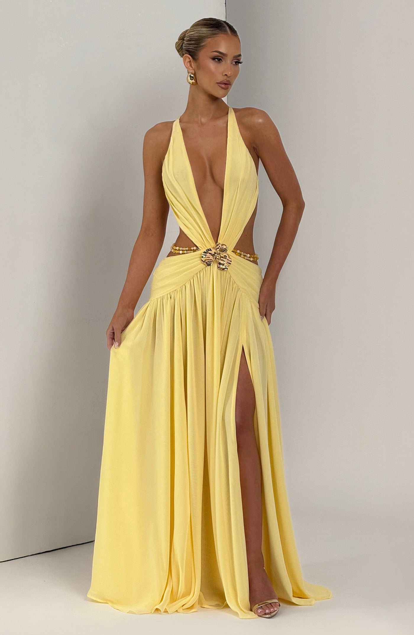 Deep V-Neck Cut Out High Split Chiffon Maxi Dress 6