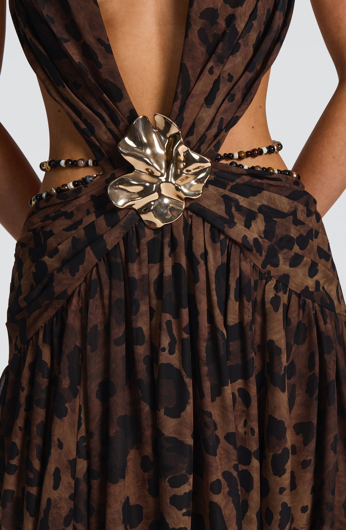Leopard Print Chiffon Plunge Neck Flower Brooch Cut Out High Split Maxi Dress 15