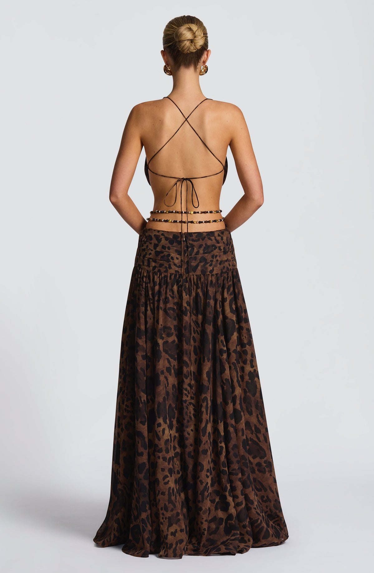 Leopard Print Chiffon Plunge Neck Flower Brooch Cut Out High Split Maxi Dress 2