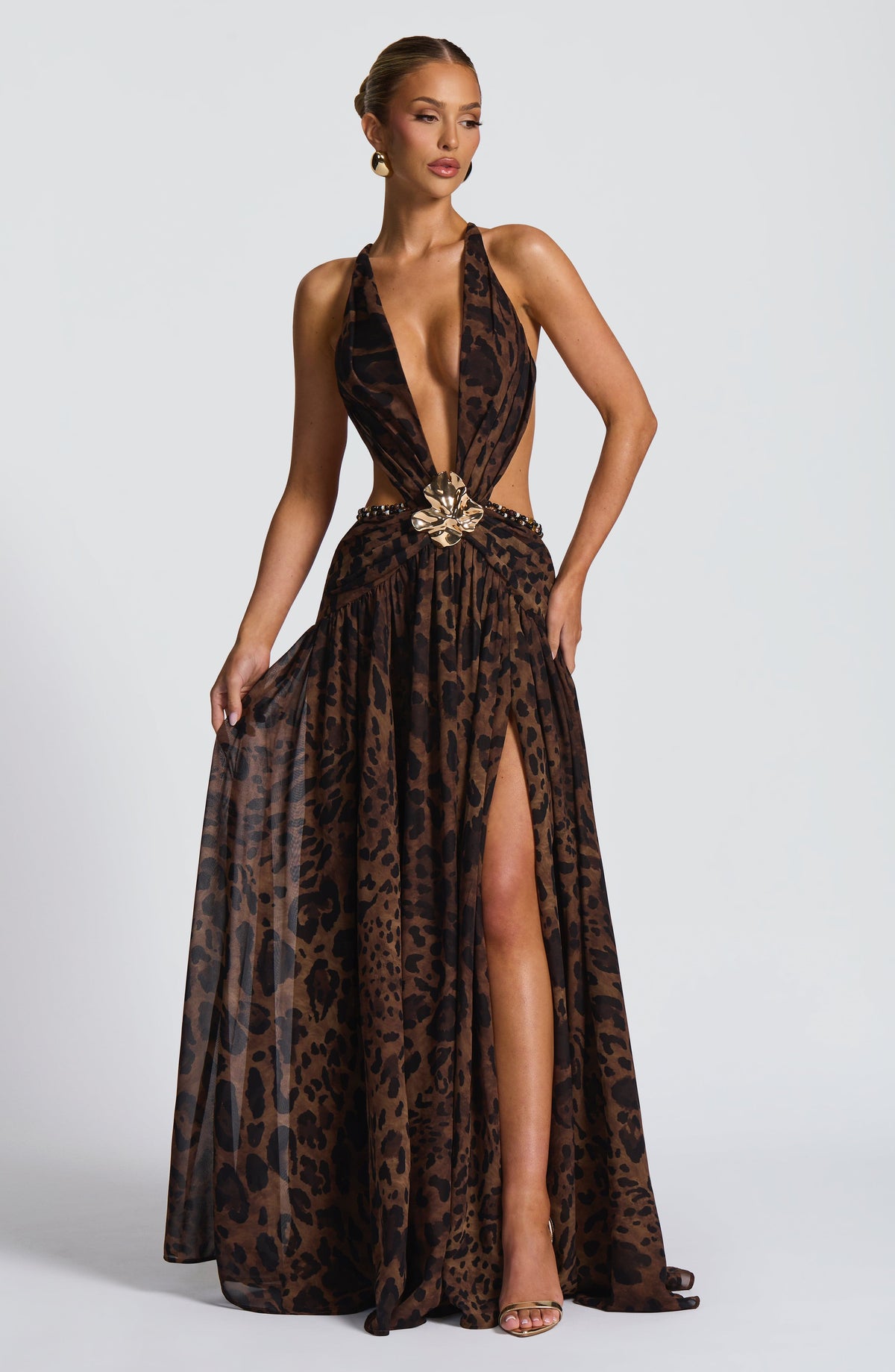 Leopard Print Chiffon Plunge Neck Flower Brooch Cut Out High Split Maxi Dress 14