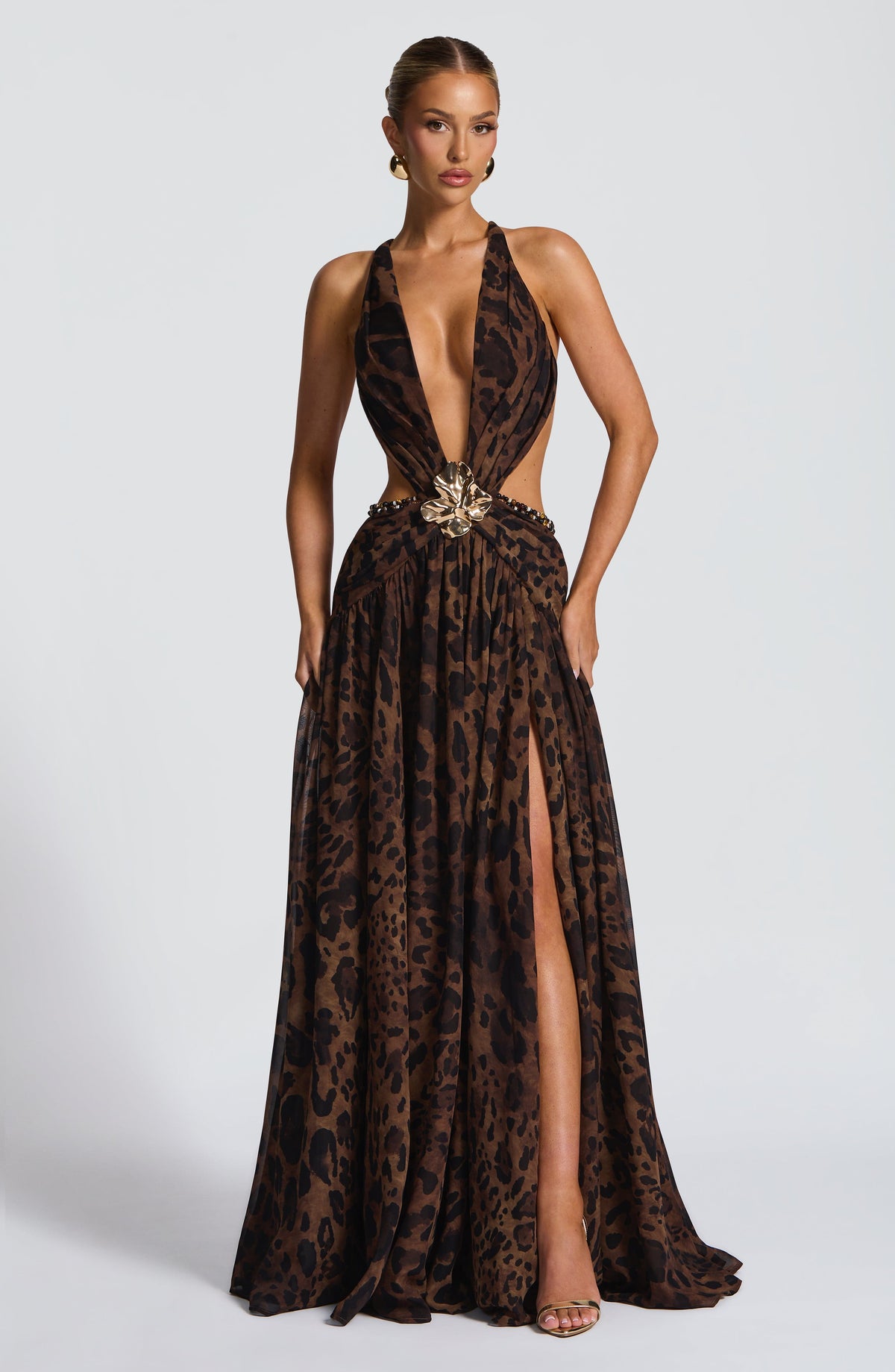 Leopard Print Chiffon Plunge Neck Flower Brooch Cut Out High Split Maxi Dress 4