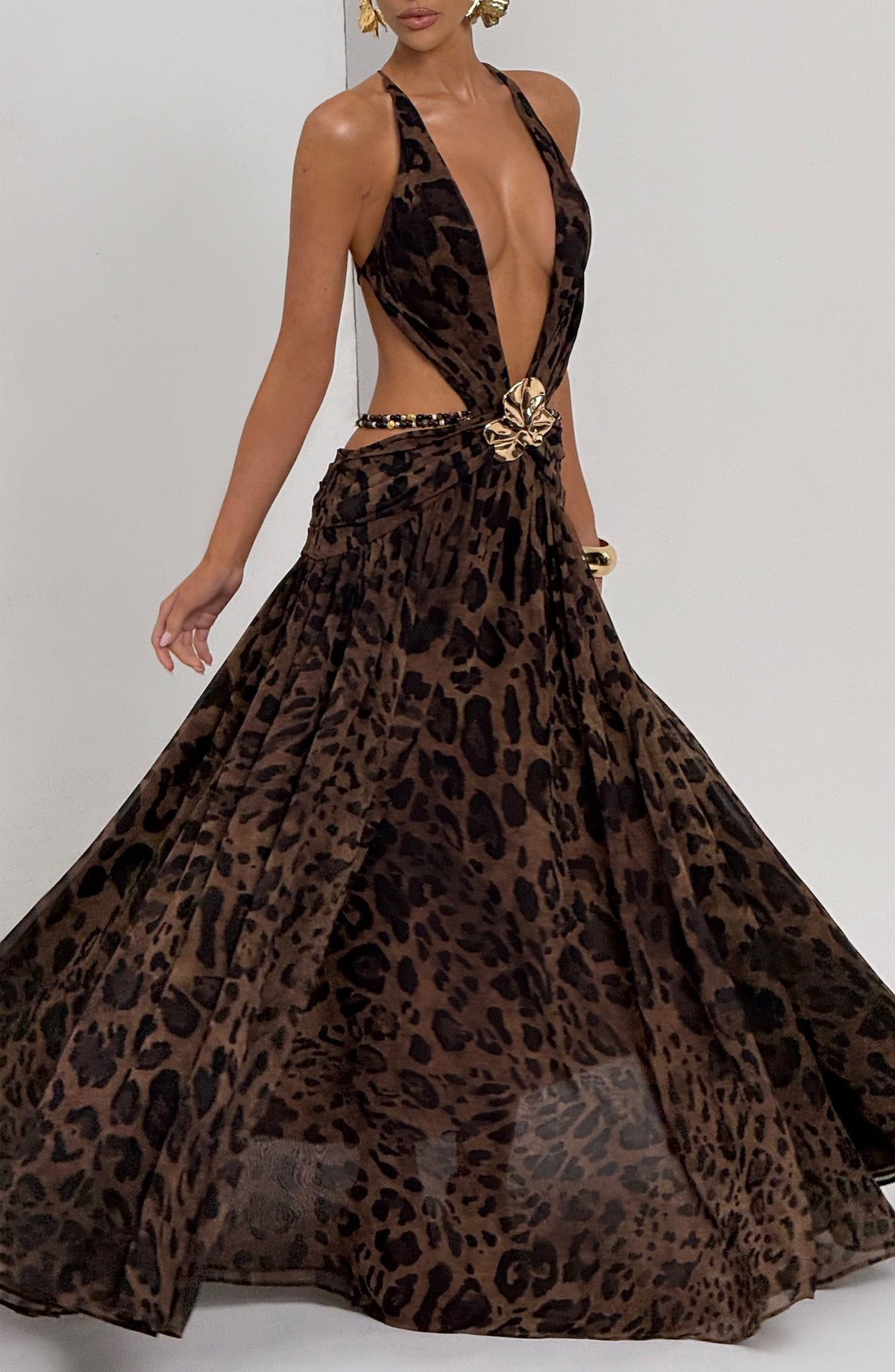 Leopard Print Chiffon Plunge Neck Flower Brooch Cut Out High Split Maxi Dress 10