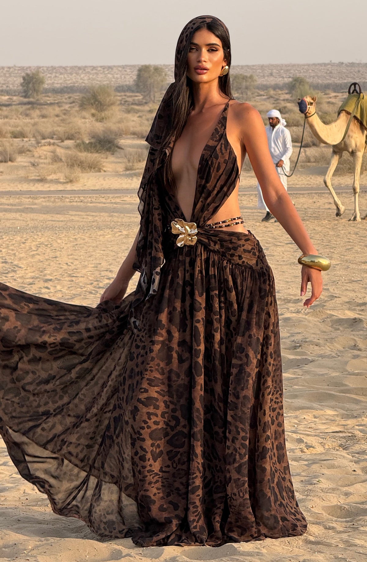 Leopard Print Chiffon Plunge Neck Flower Brooch Cut Out High Split Maxi Dress 8