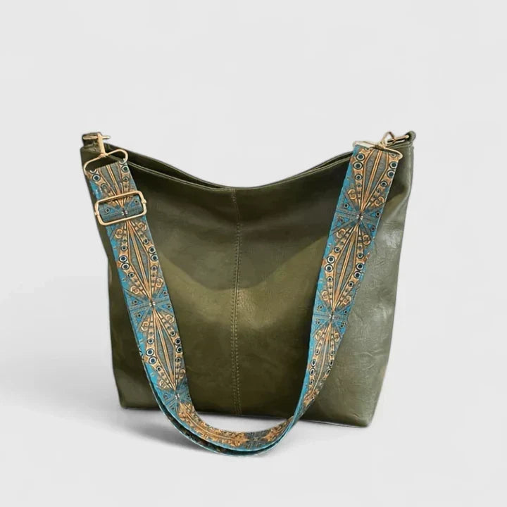 Embroidered Strap Slouchy Bucket Shoulder Bag