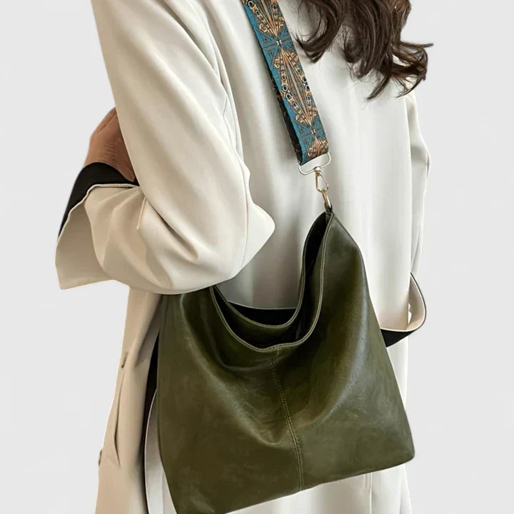 Embroidered Strap Slouchy Bucket Shoulder Bag
