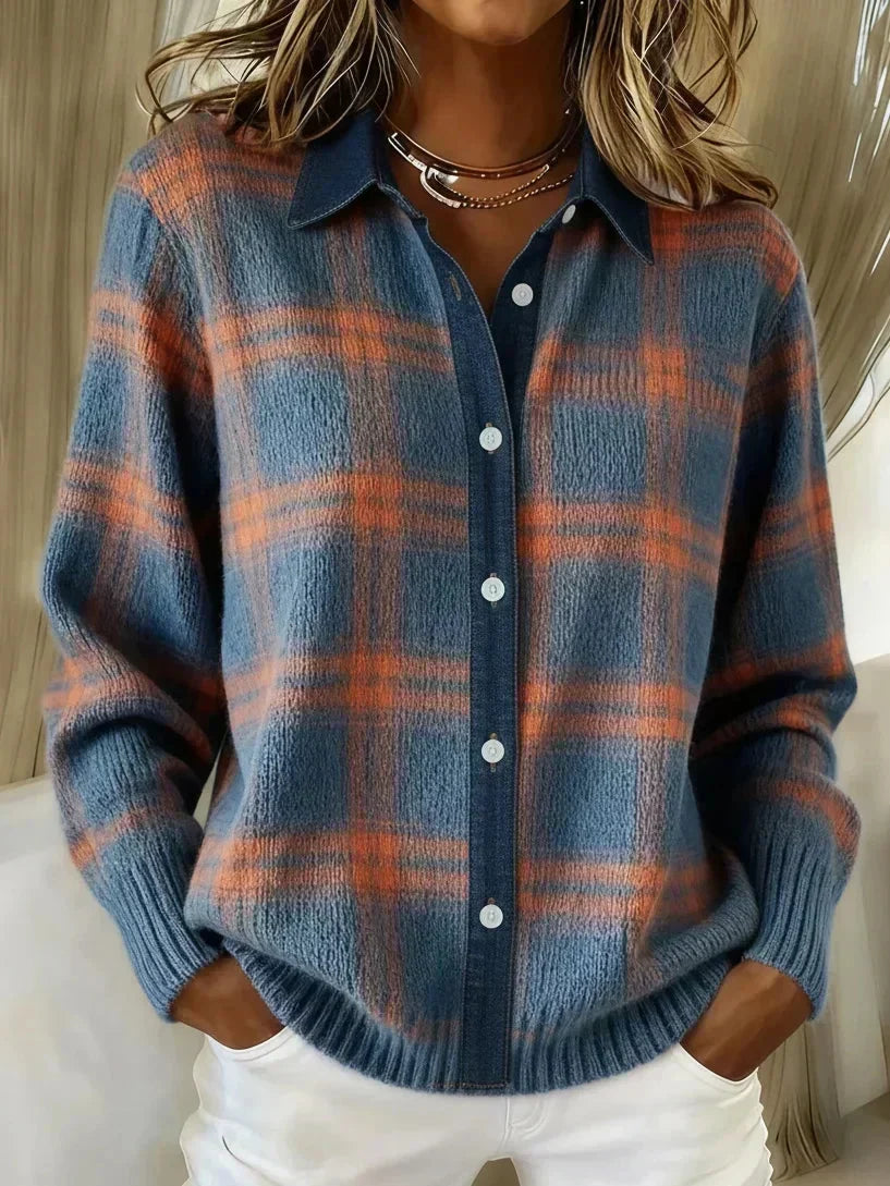 Plaid Collared Button Front Brushed Knit Cardigan