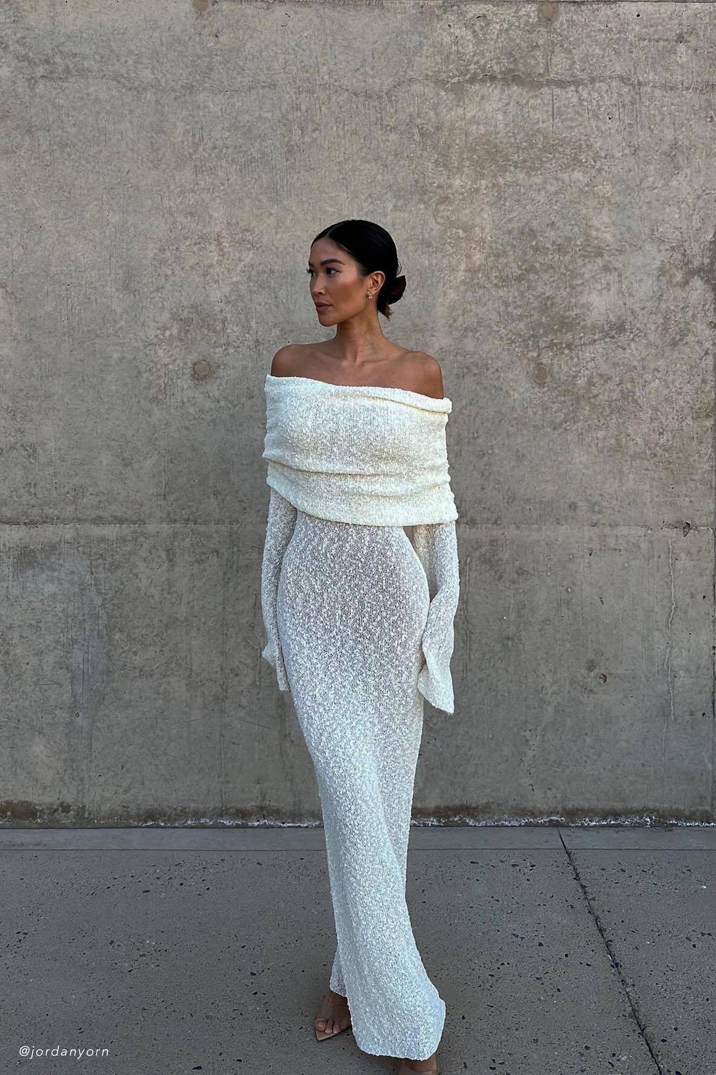 Textured Knit Off Shoulder Long Sleeve Sheer Maxi Dress 5