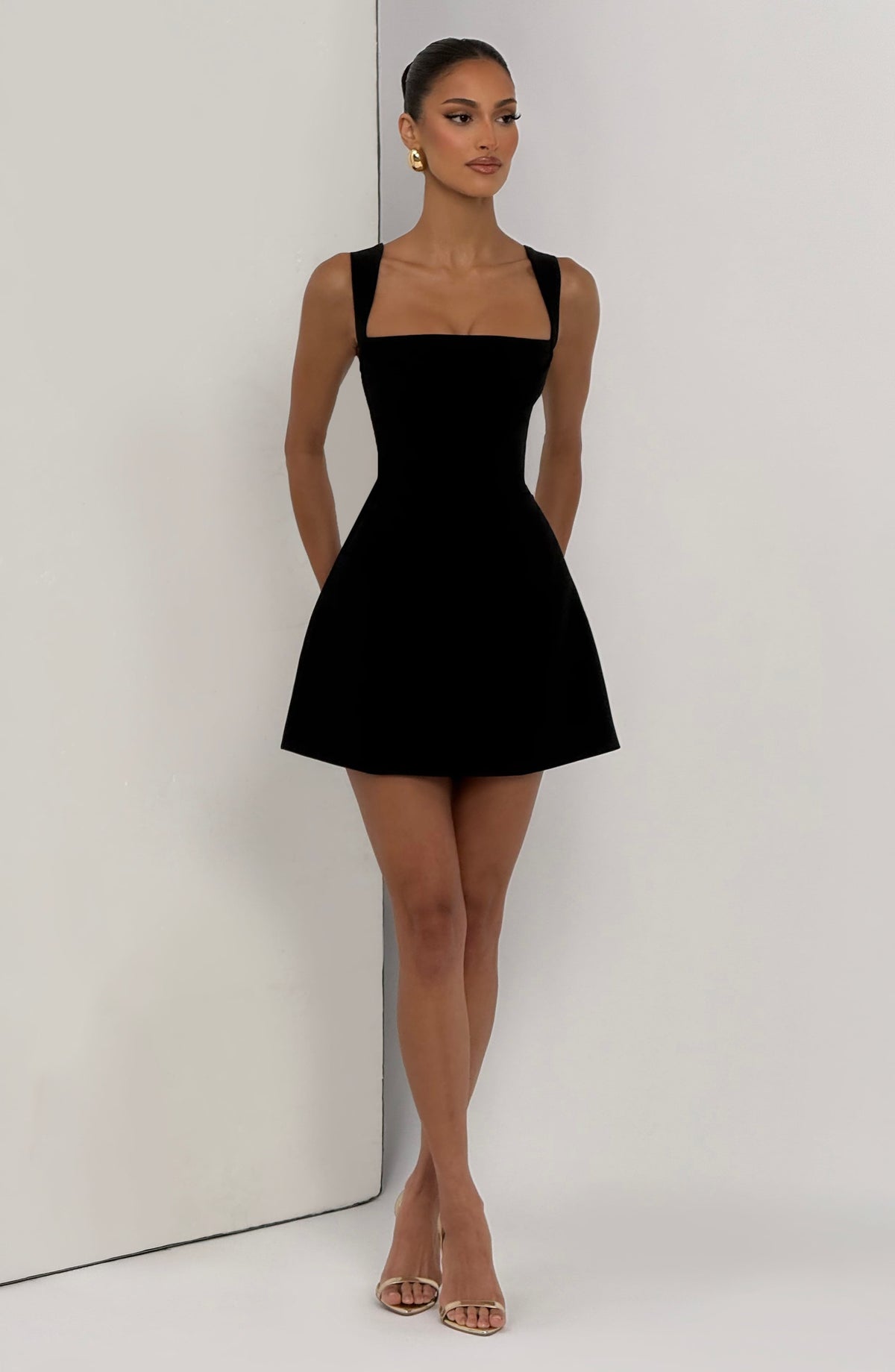 Square Neck Wide Strap Structured Fit and Flare Mini Dress 5