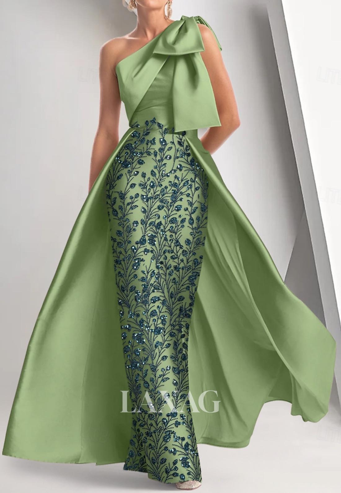 Sequined Embroidered Floor-Length Formal Gowns Asymmetrical-Neck Sleeveless Mermaid Evening Dress