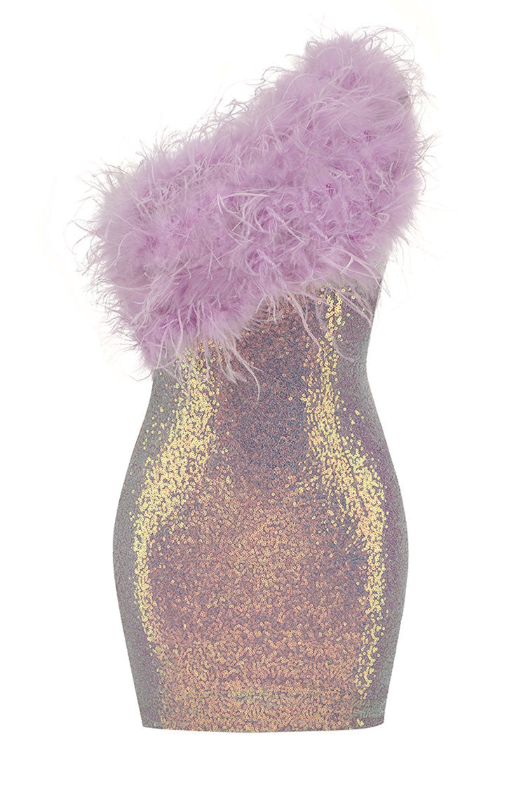 Sequin One Shoulder Feather Trim Bodycon Mini Dress