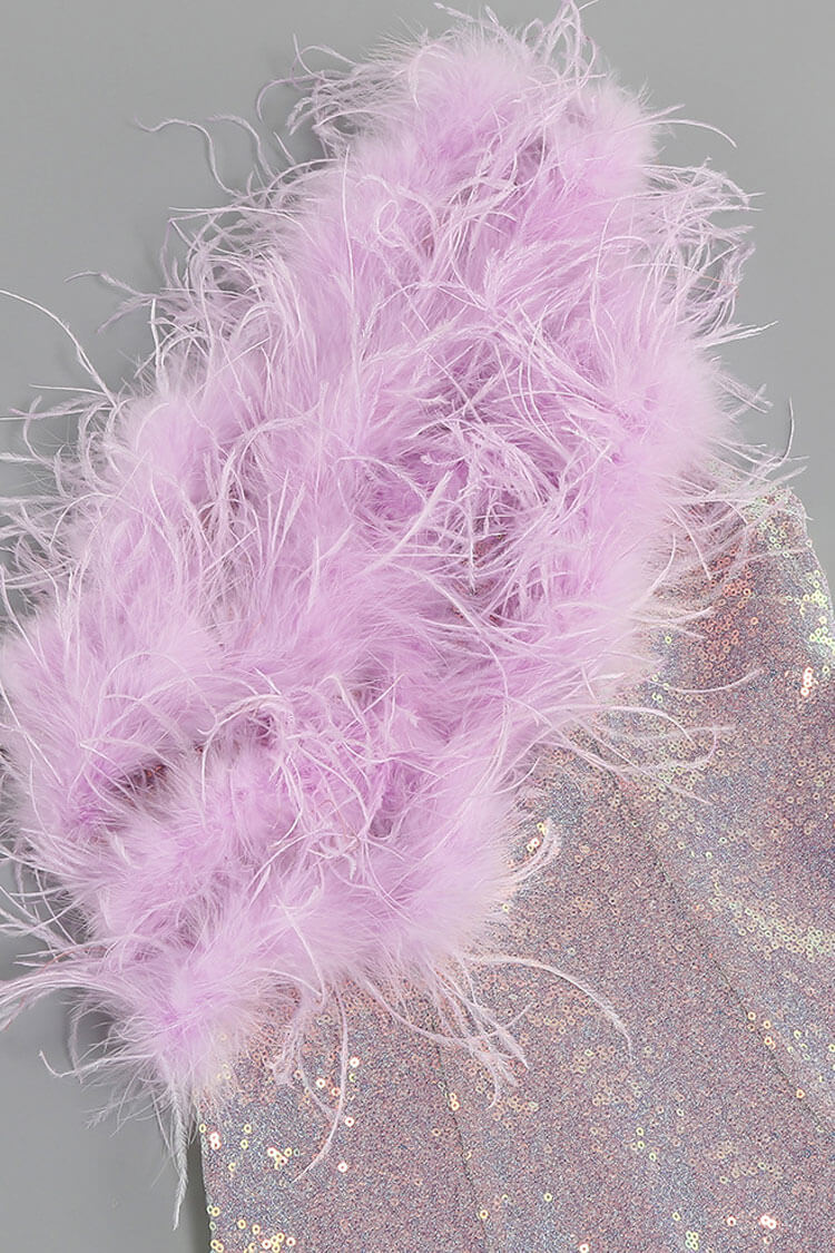 Sequin One Shoulder Feather Trim Bodycon Mini Dress