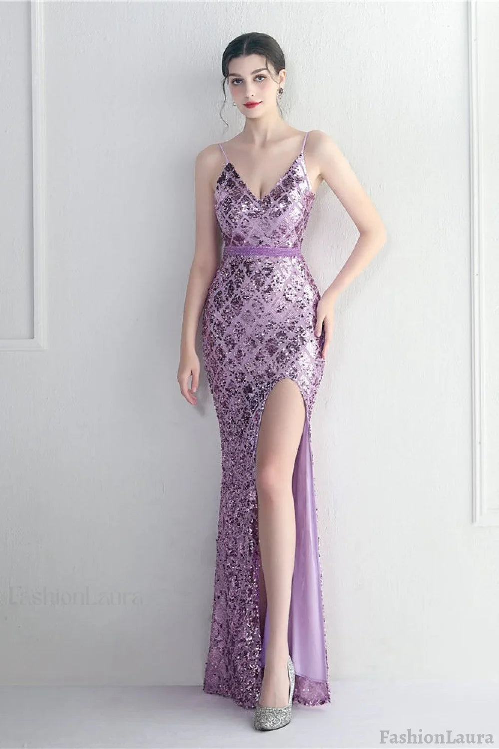 Iridescent Sequin Slit Bodycon Maxi Dress