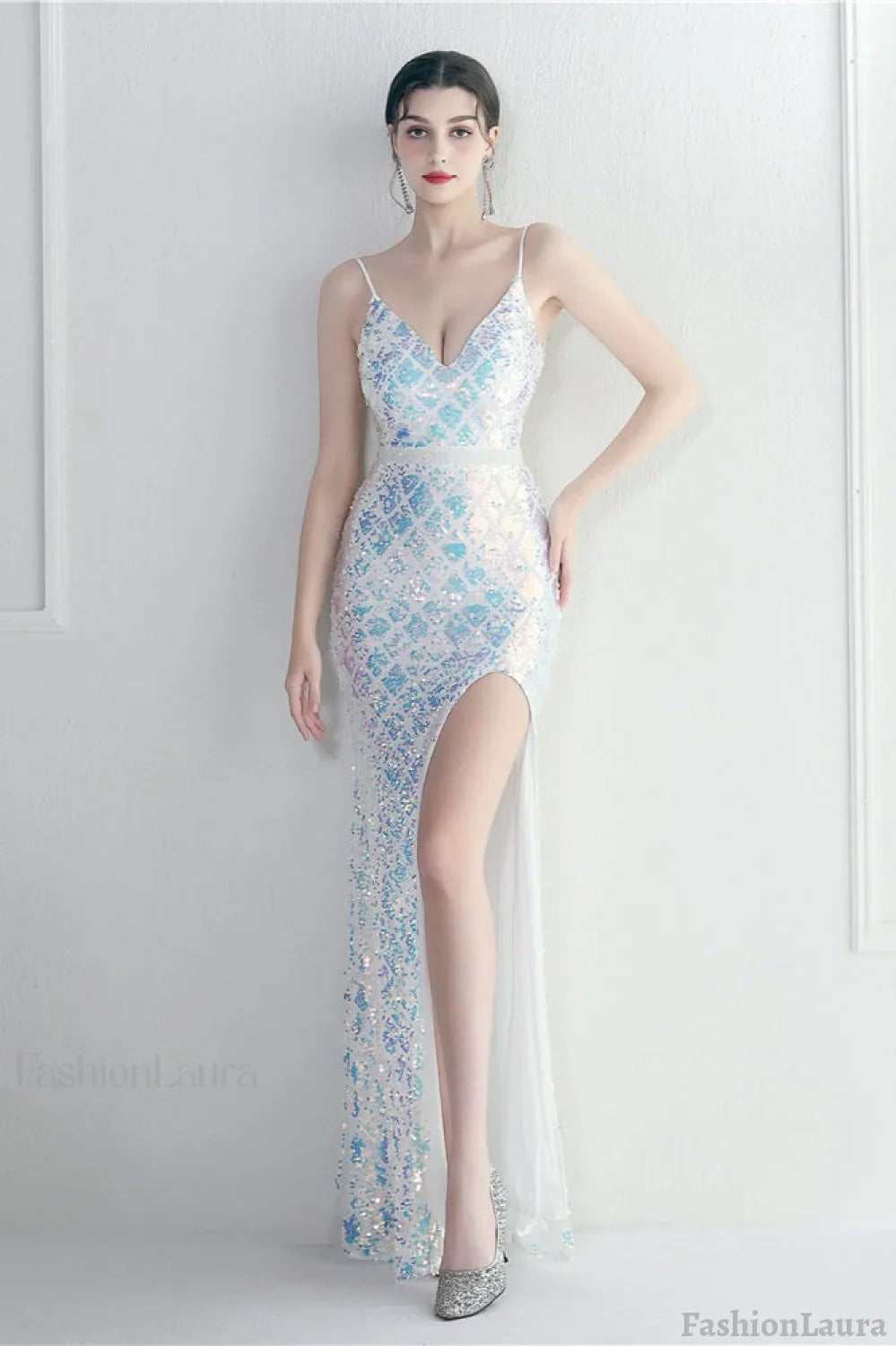 Iridescent Sequin Slit Bodycon Maxi Dress White / S