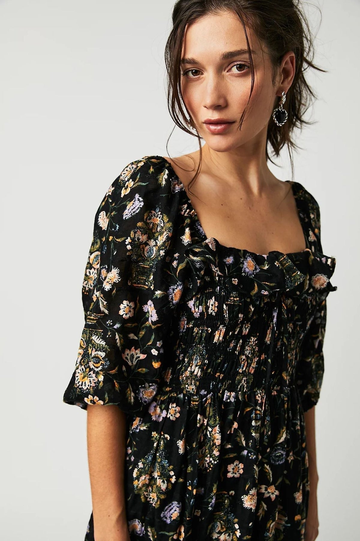 Floral Print Square Neck Ruffle Trim Smocked Bodice Midi Dress 3
