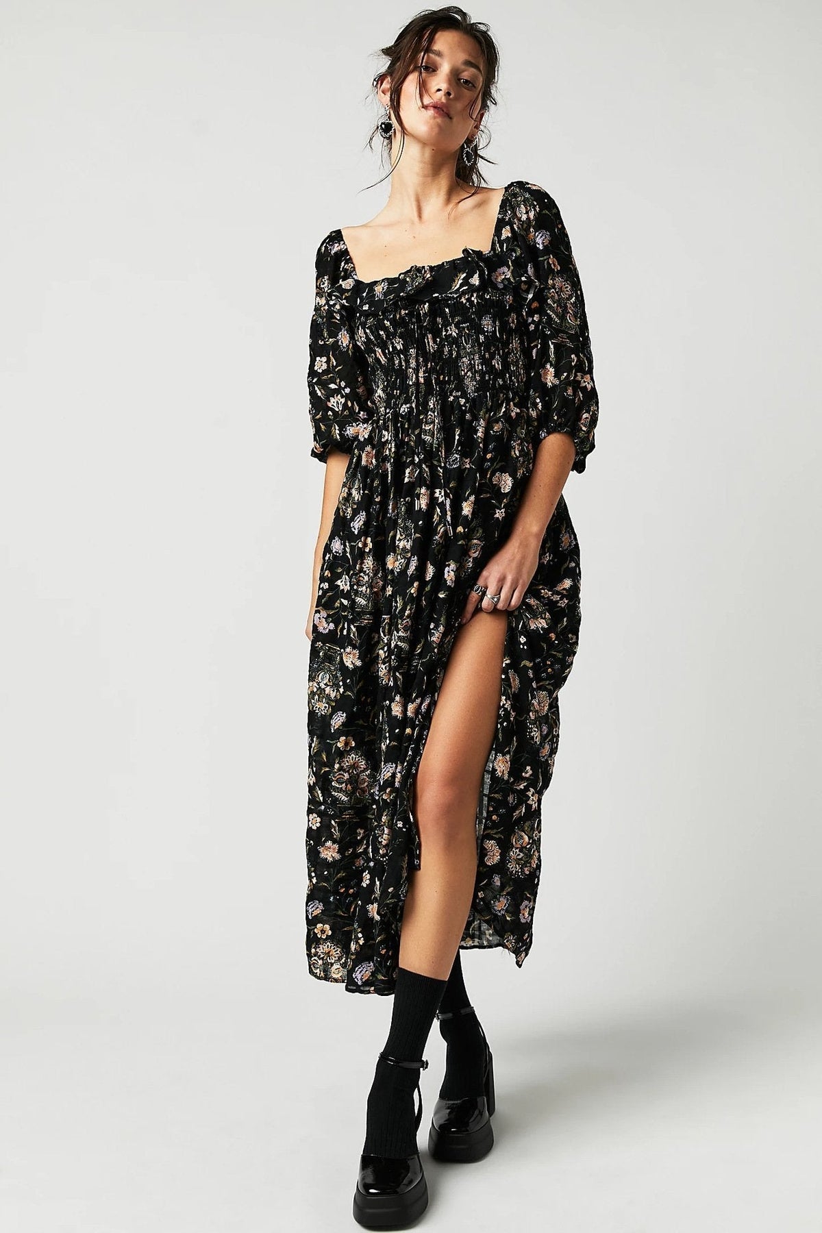 Floral Print Square Neck Ruffle Trim Smocked Bodice Midi Dress 9