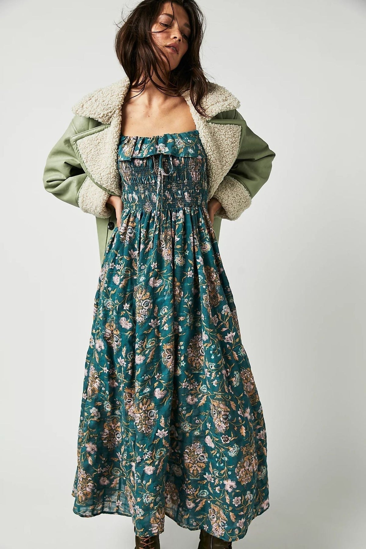 Floral Print Square Neck Ruffle Trim Smocked Bodice Midi Dress 6