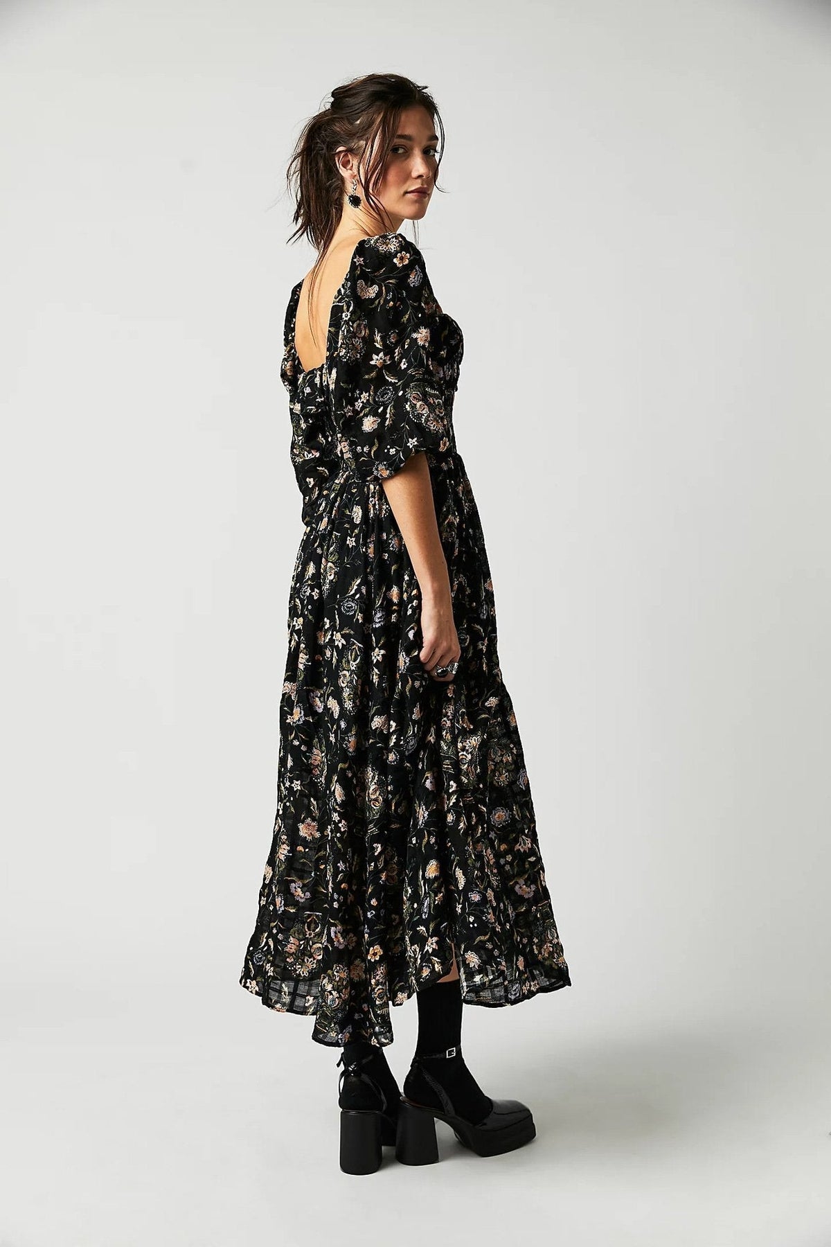 Floral Print Square Neck Ruffle Trim Smocked Bodice Midi Dress 5
