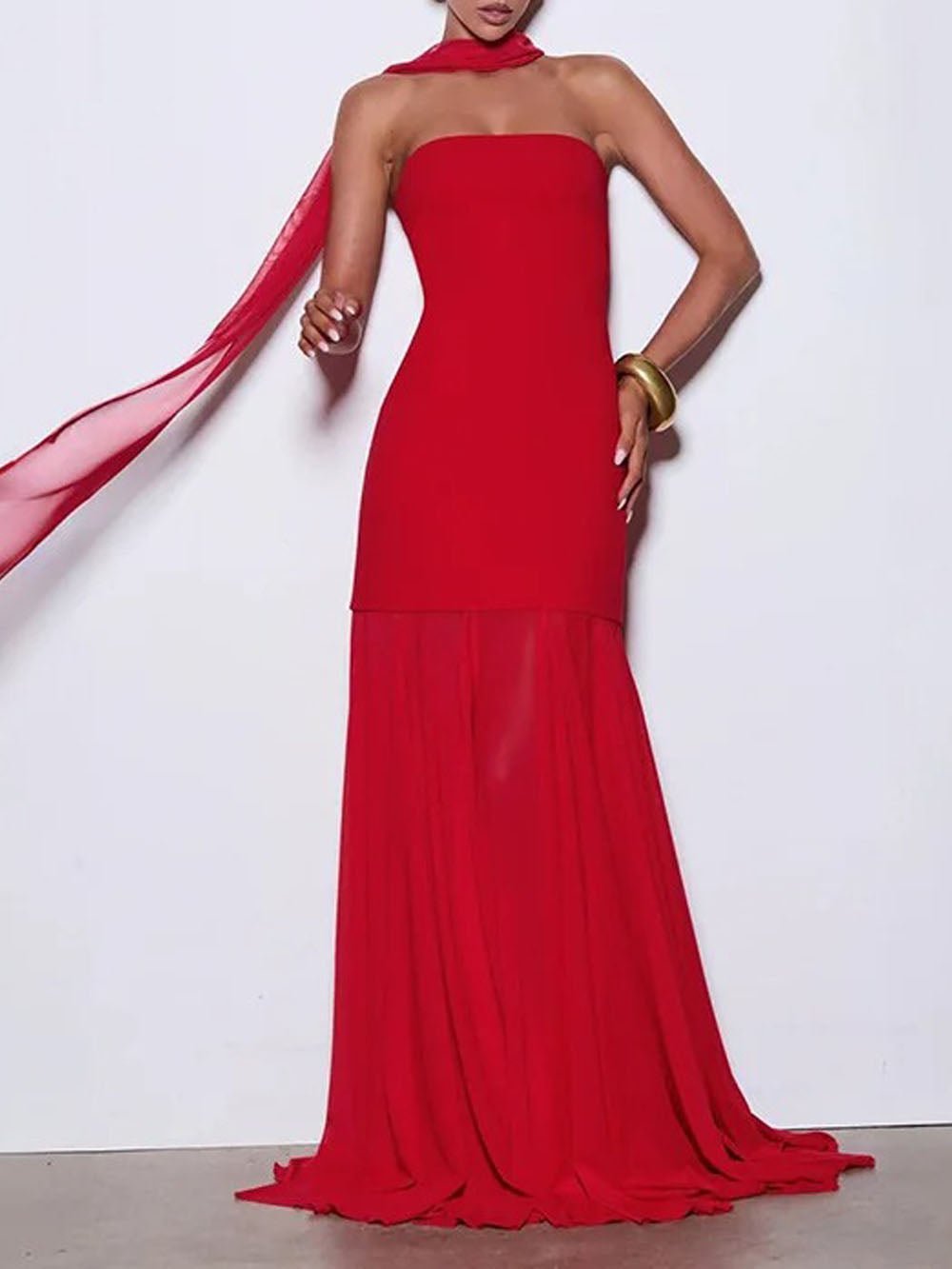 Strapless Scarf Neck Pleated Mermaid Maxi Gown