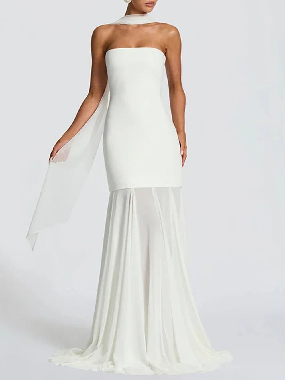 Strapless Longline Bandeau Pleated Organza Mermaid Gown