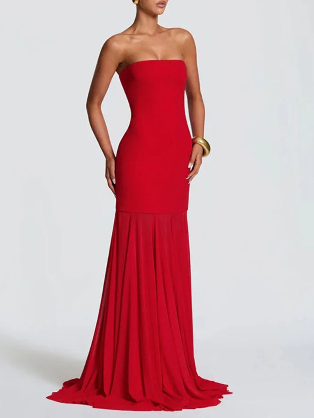 Strapless Scarf Neck Pleated Mermaid Maxi Gown