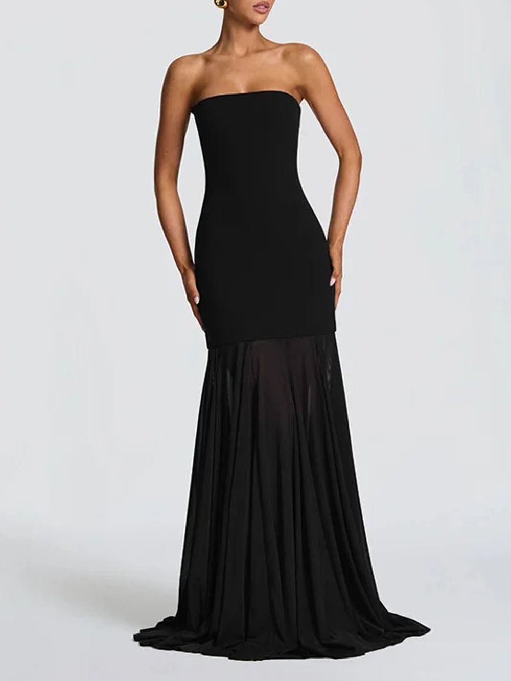 Strapless Scarf Neck Sheer Cape Mermaid Maxi Gown