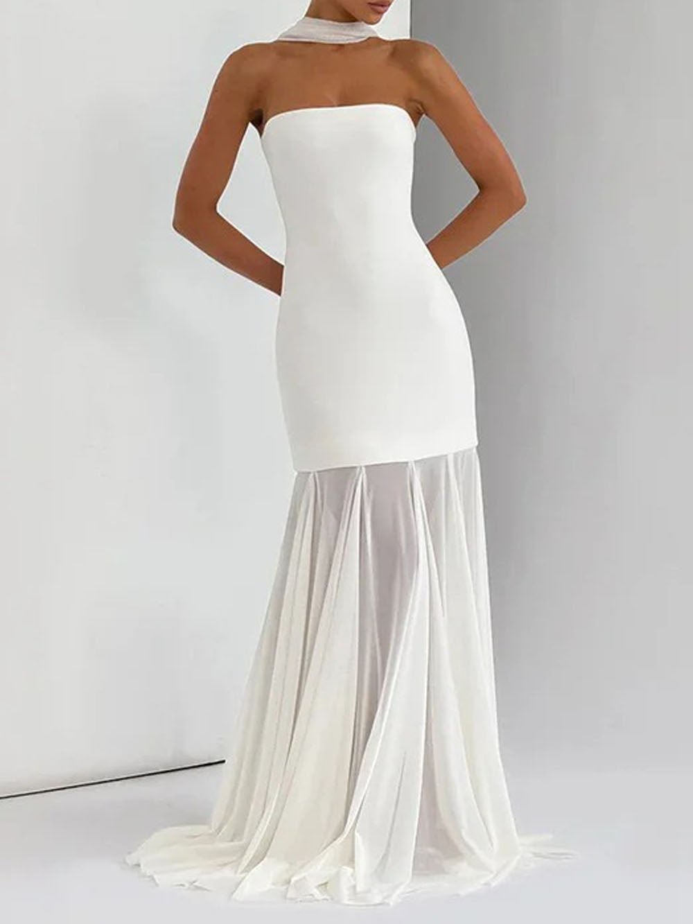 Strapless Longline Bandeau Pleated Organza Mermaid Gown