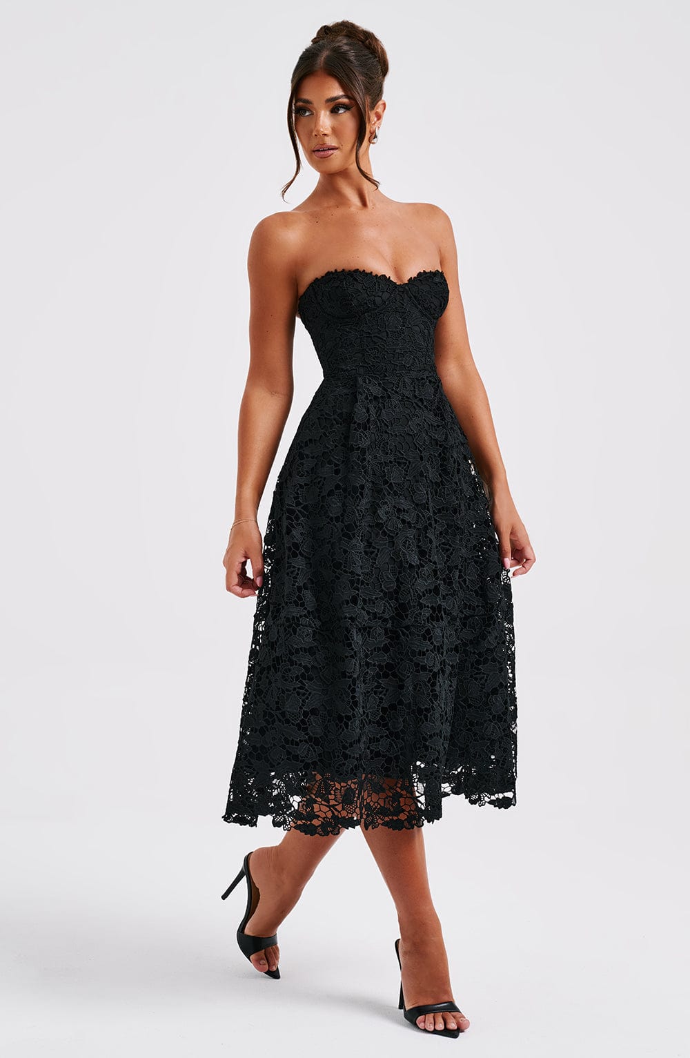 Crochet Lace Strapless Sweetheart Corset A-Line Midi Dress 6