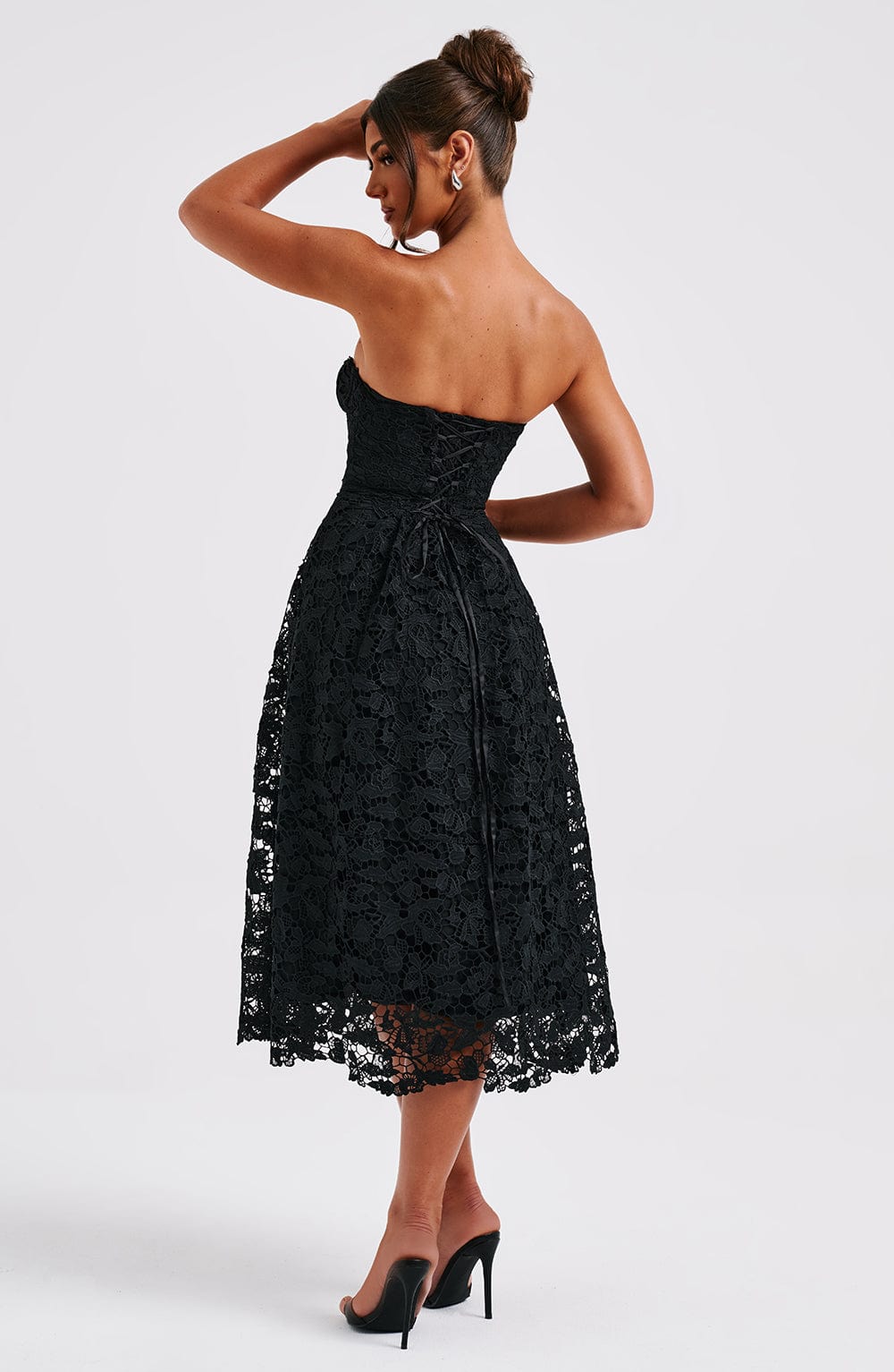 Crochet Lace Strapless Sweetheart Corset A-Line Midi Dress 10