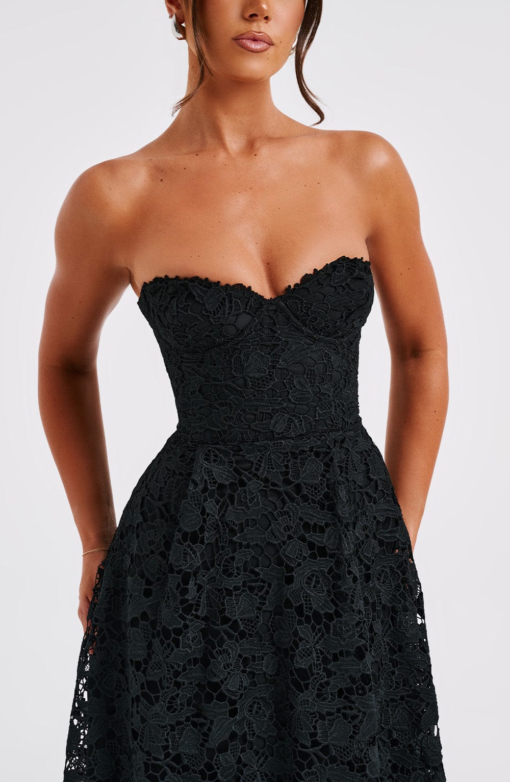 Crochet Lace Strapless Sweetheart Corset A-Line Midi Dress 8