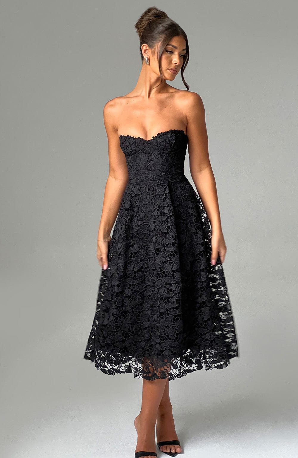 Crochet Lace Strapless Sweetheart Corset A-Line Midi Dress 4