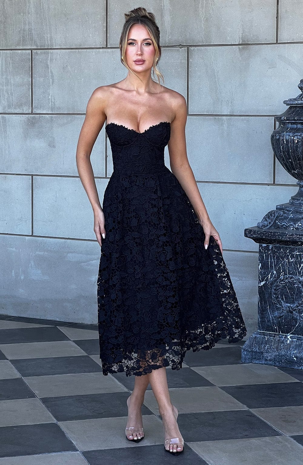 Crochet Lace Strapless Sweetheart Corset A-Line Midi Dress 2