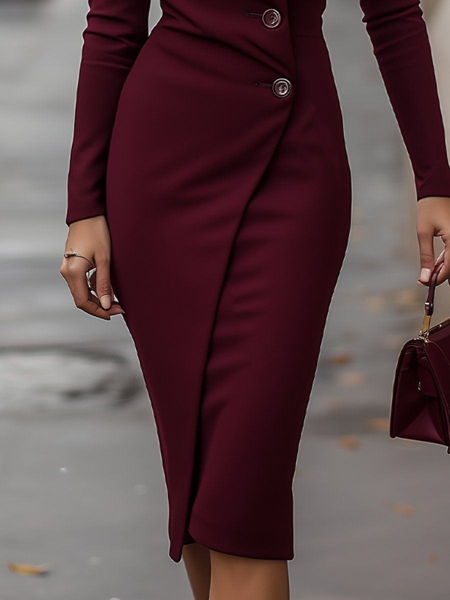 V-Neck Long Sleeve Button Ruched Bodycon Midi Dress 3