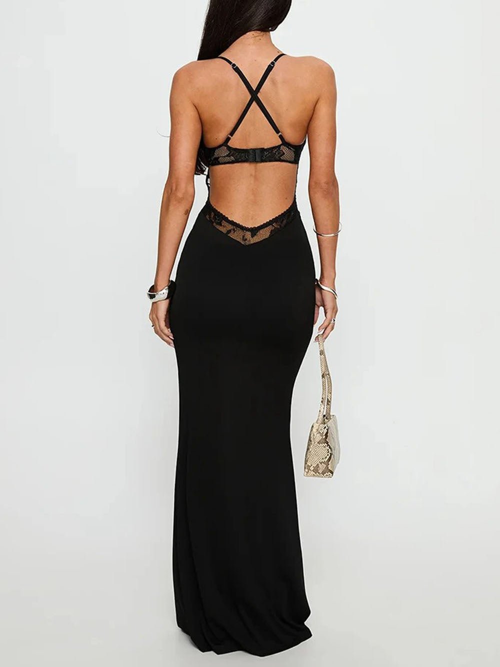 Isla Lace Deep V Maxi Dress Black 2