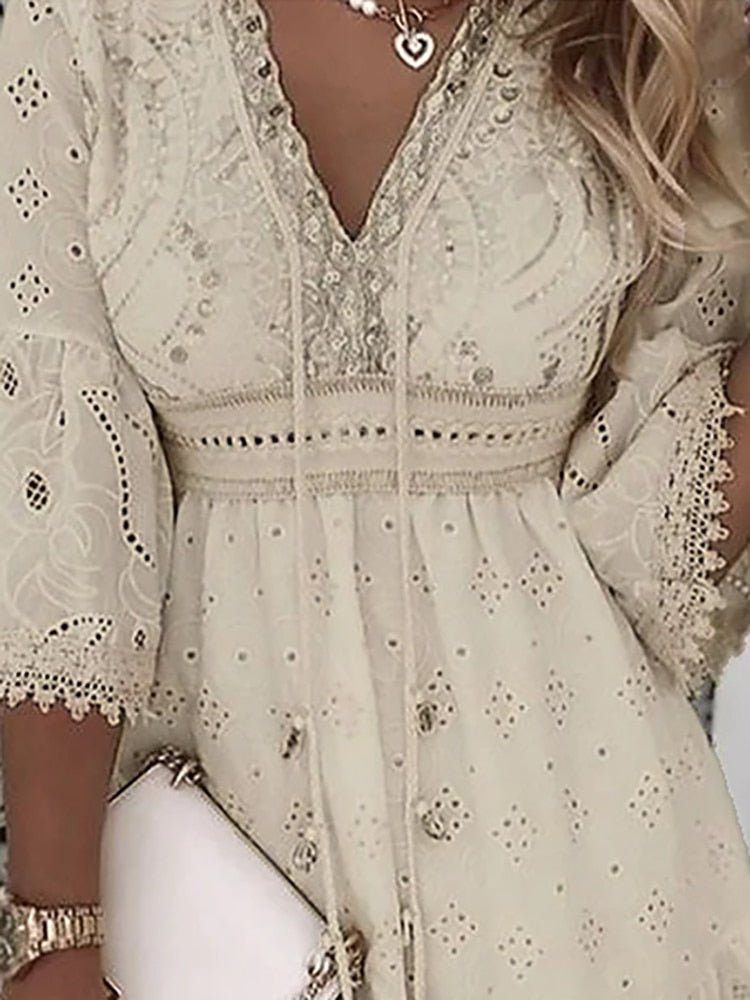 Eyelet Deep V-Neck Bell Sleeve Empire Waist Tiered Mini Dress