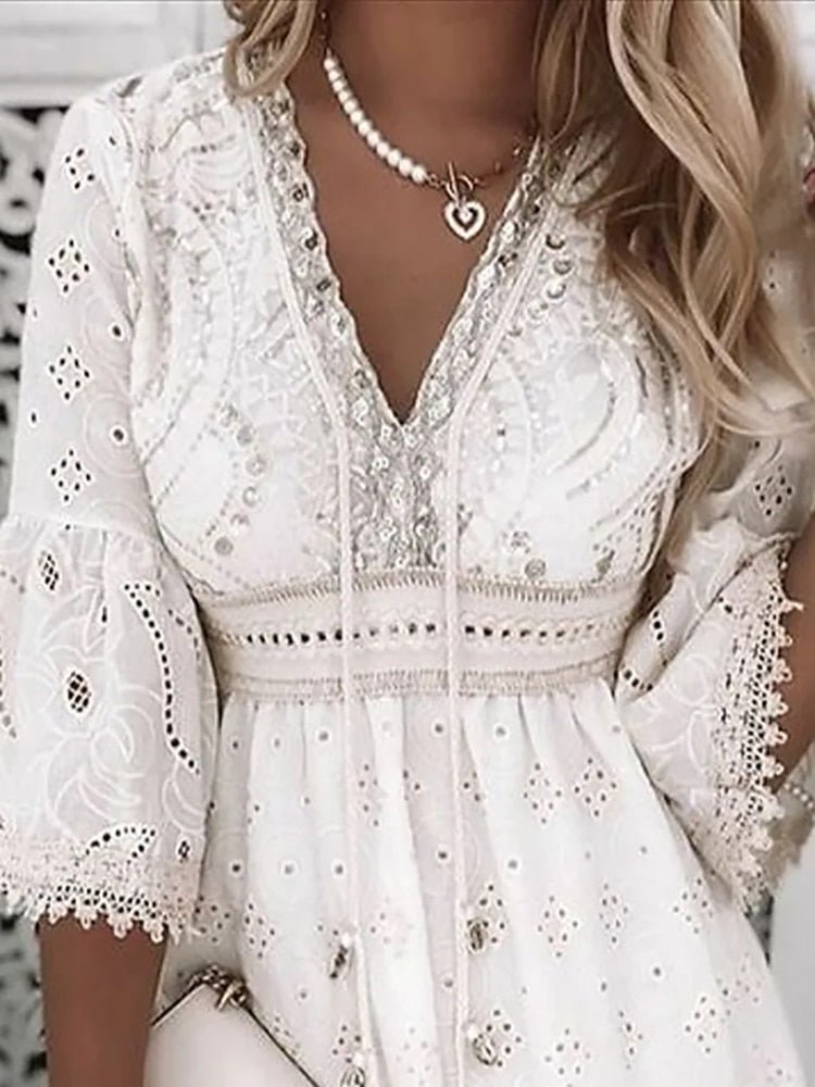 Eyelet Deep V-Neck Bell Sleeve Empire Waist Tiered Mini Dress