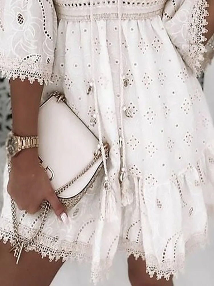 Eyelet Deep V-Neck Bell Sleeve Empire Waist Tiered Mini Dress
