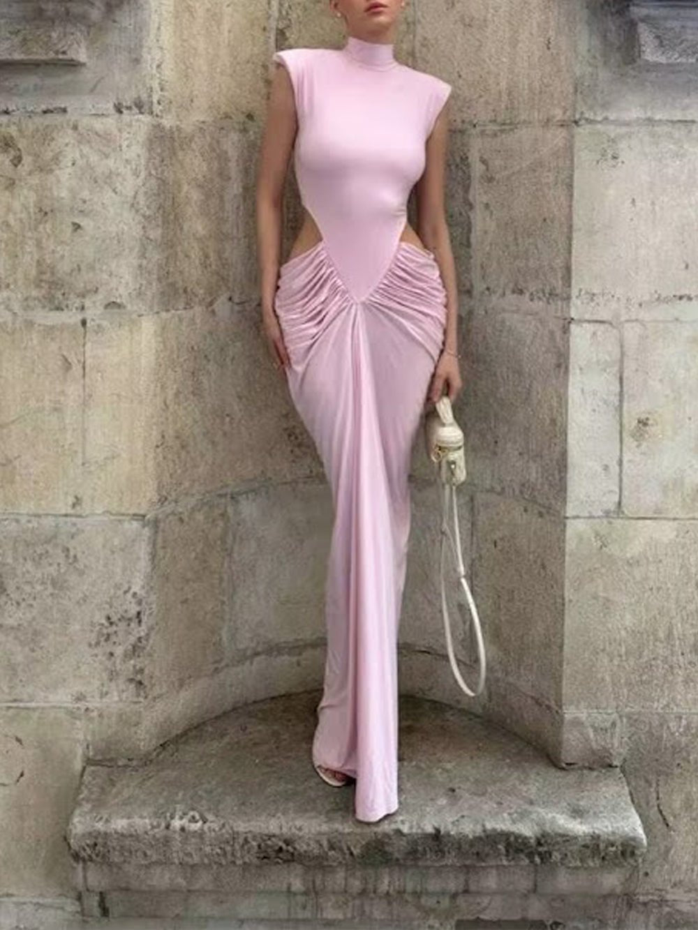 High Neck Sleeveless Cut Out Ruched Mermaid Maxi Gown - View 4