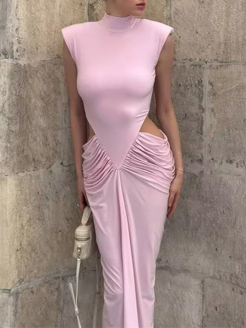High Neck Sleeveless Cut Out Ruched Mermaid Maxi Gown - View 2
