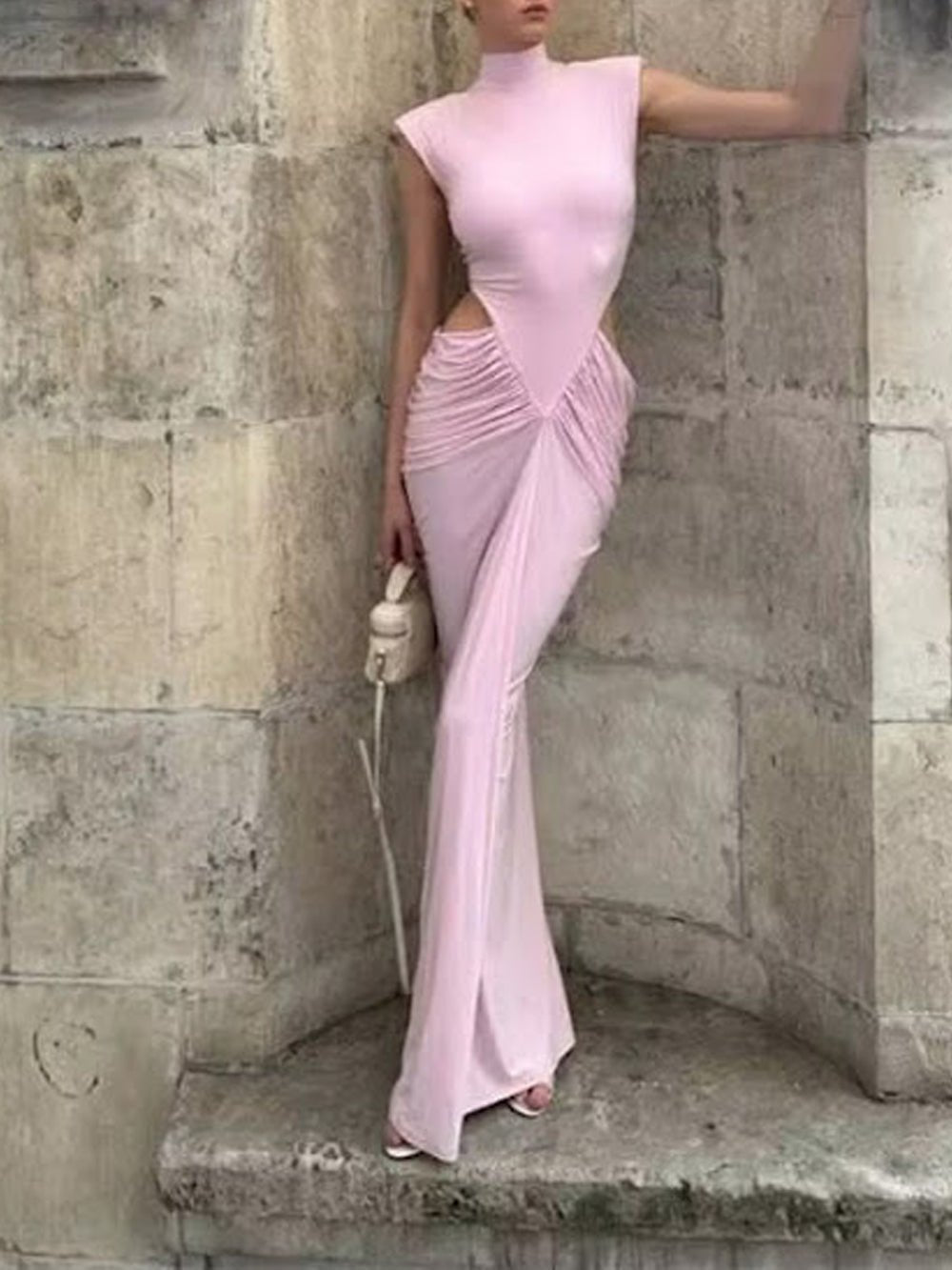 High Neck Sleeveless Cut Out Ruched Mermaid Maxi Gown - View 5