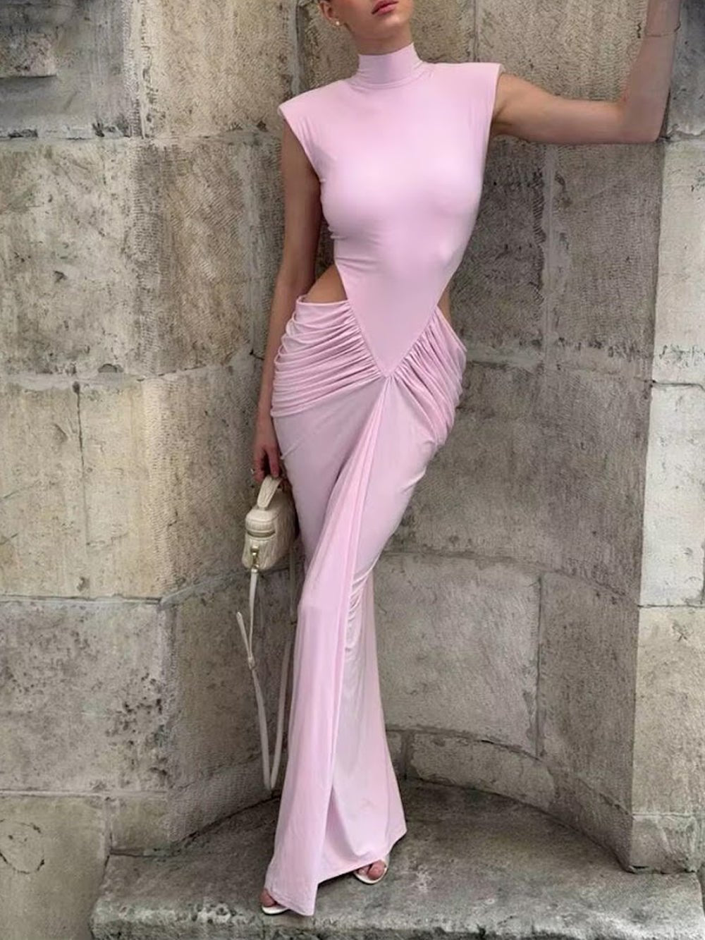 High Neck Sleeveless Cut Out Ruched Mermaid Maxi Gown
