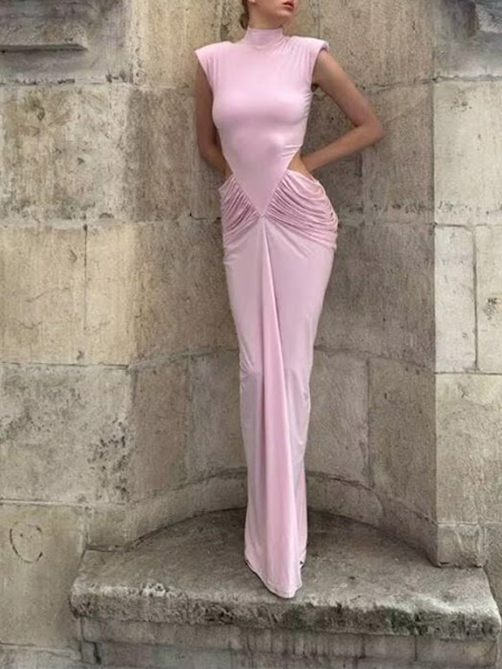 High Neck Sleeveless Cut Out Ruched Mermaid Maxi Gown - View 3