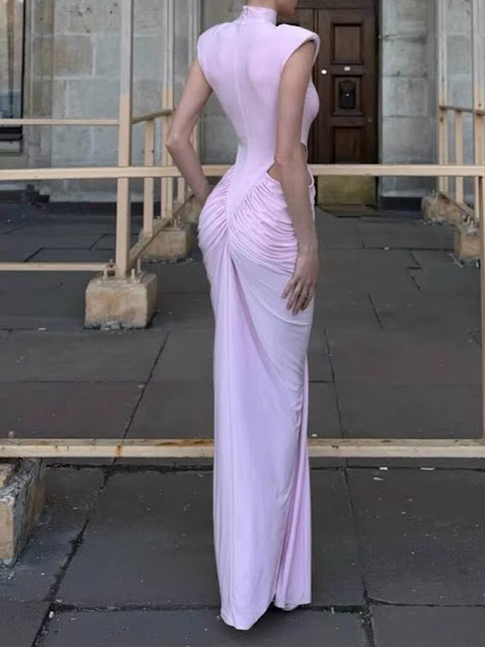 High Neck Sleeveless Cut Out Ruched Mermaid Maxi Gown - View 7