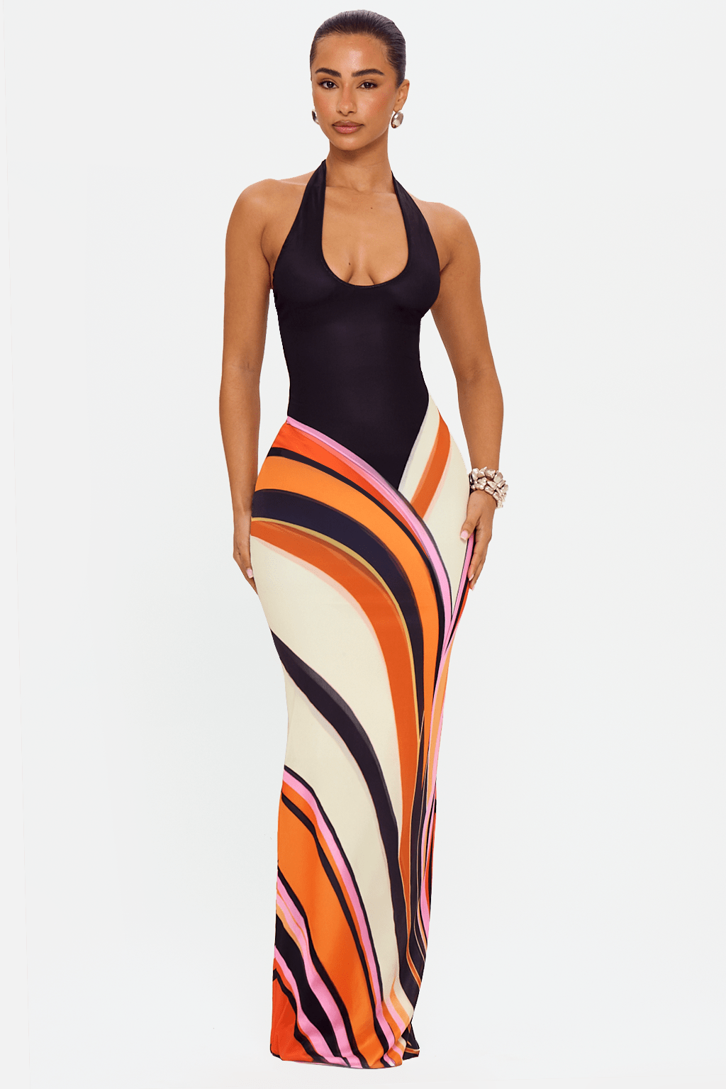 Halter Neck Backless Abstract Print Maxi Dress