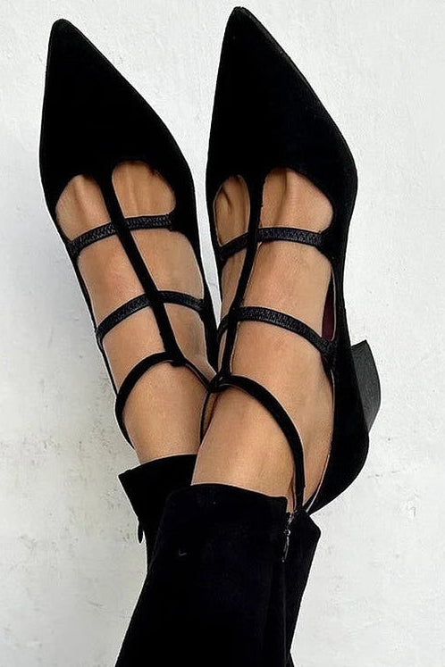 Suede Look Pointed Toe T-Strap Block Heel Pumps