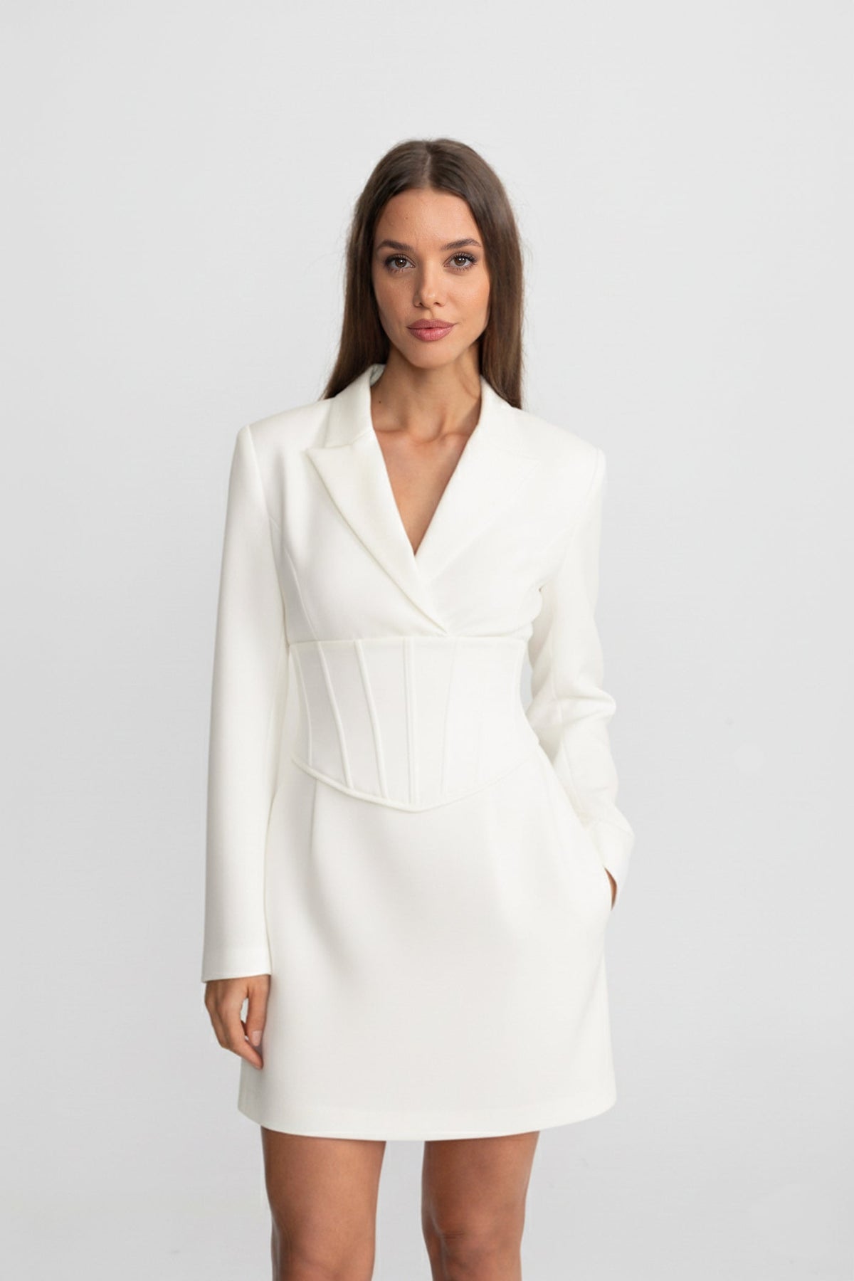 Long Sleeve V-Neck Corset Waist Blazer Mini Dress