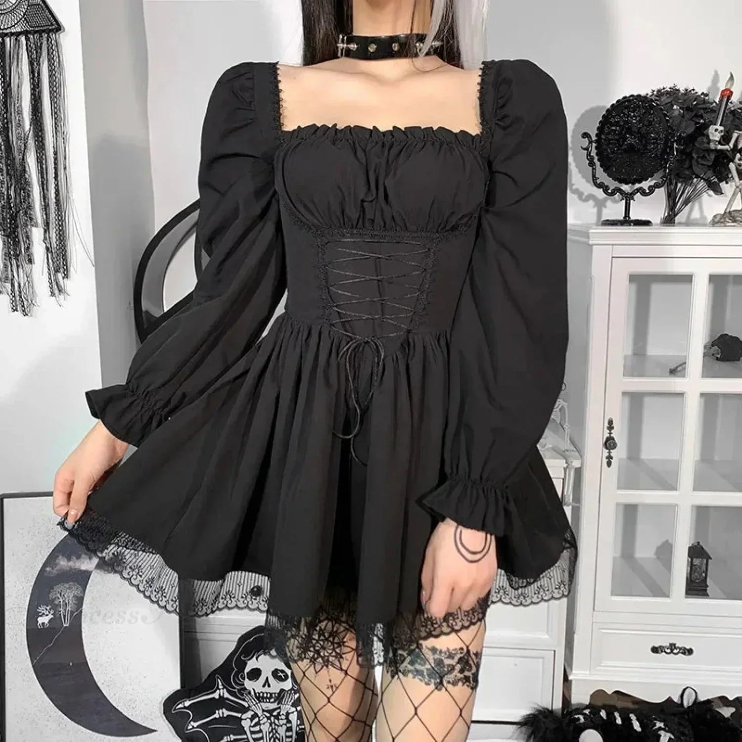 Ivory Lace Puff Small Dress black / S