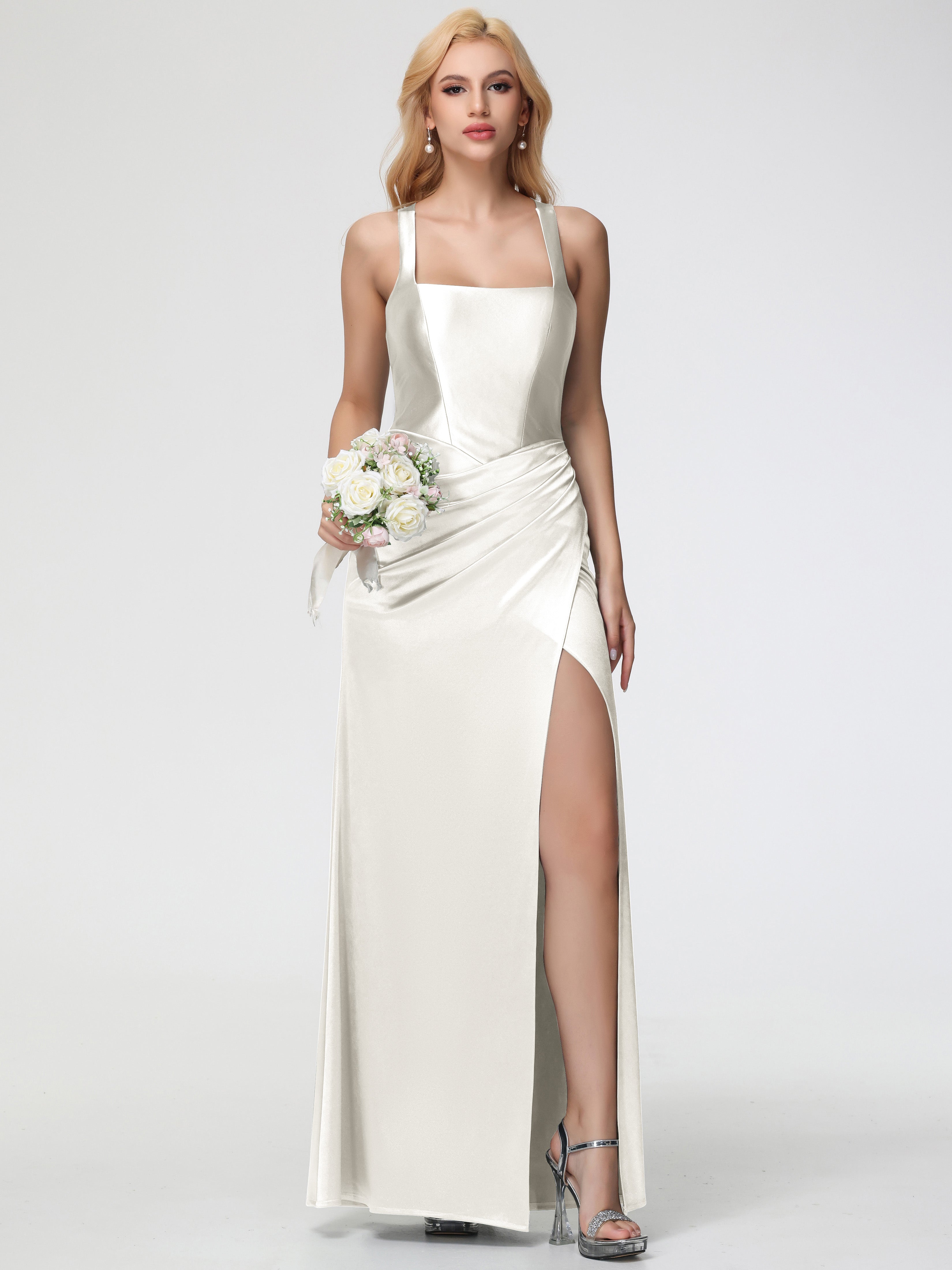 Ivory Formal Dresses Straps Ruched Floor Length Sheath Formal Dress With Slit