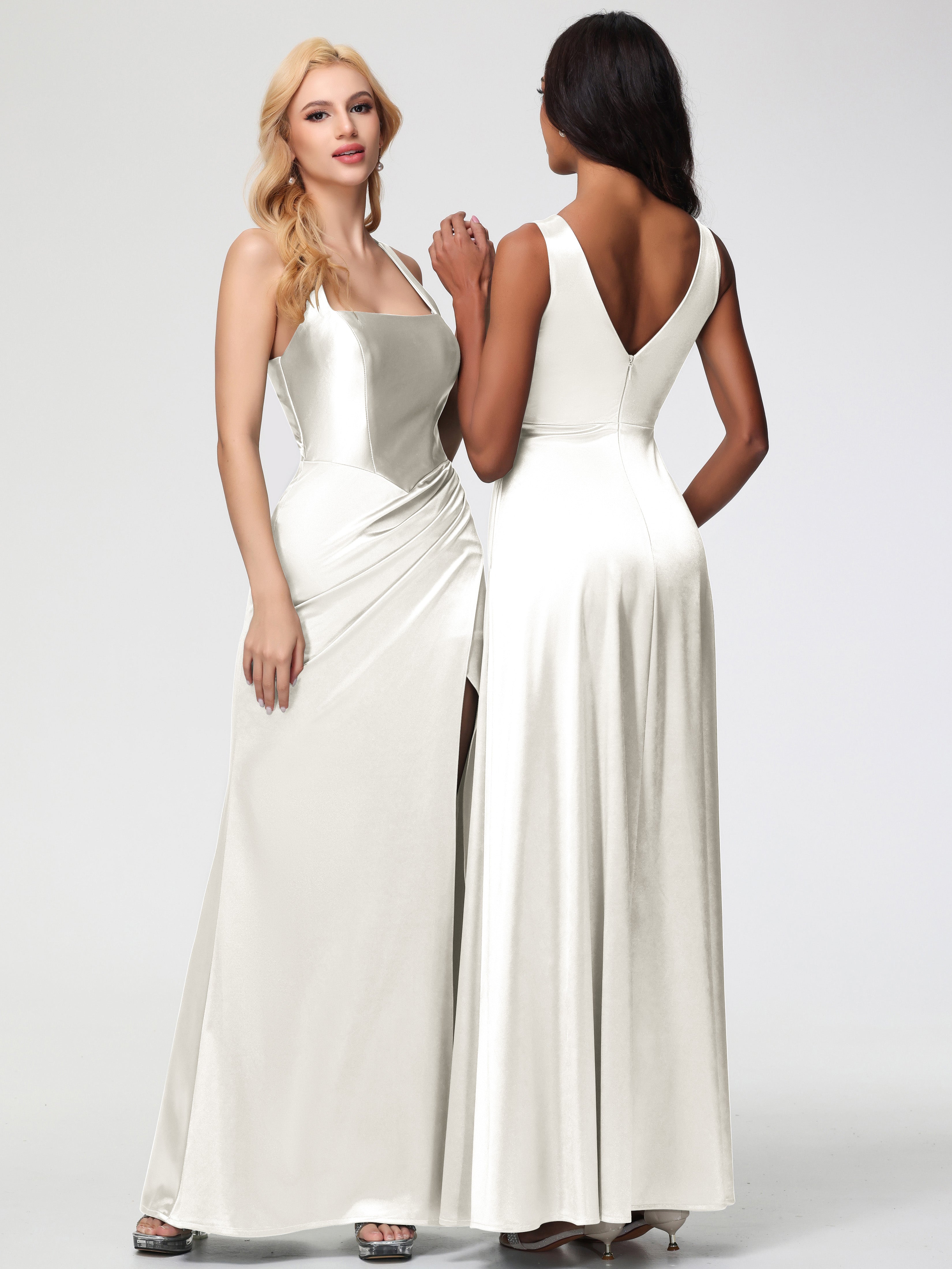 Ivory Formal Dresses Straps Ruched Floor Length Sheath Formal Dress With Slit