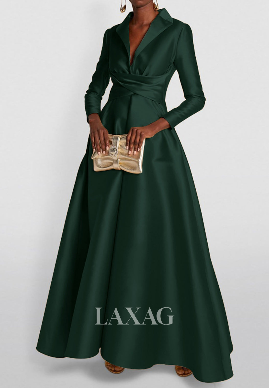 Deep V-Neck Long Sleeves Pleated Evening Gowns Simple Floor-Length Satin A-Line Formal Wedding Guest Dress