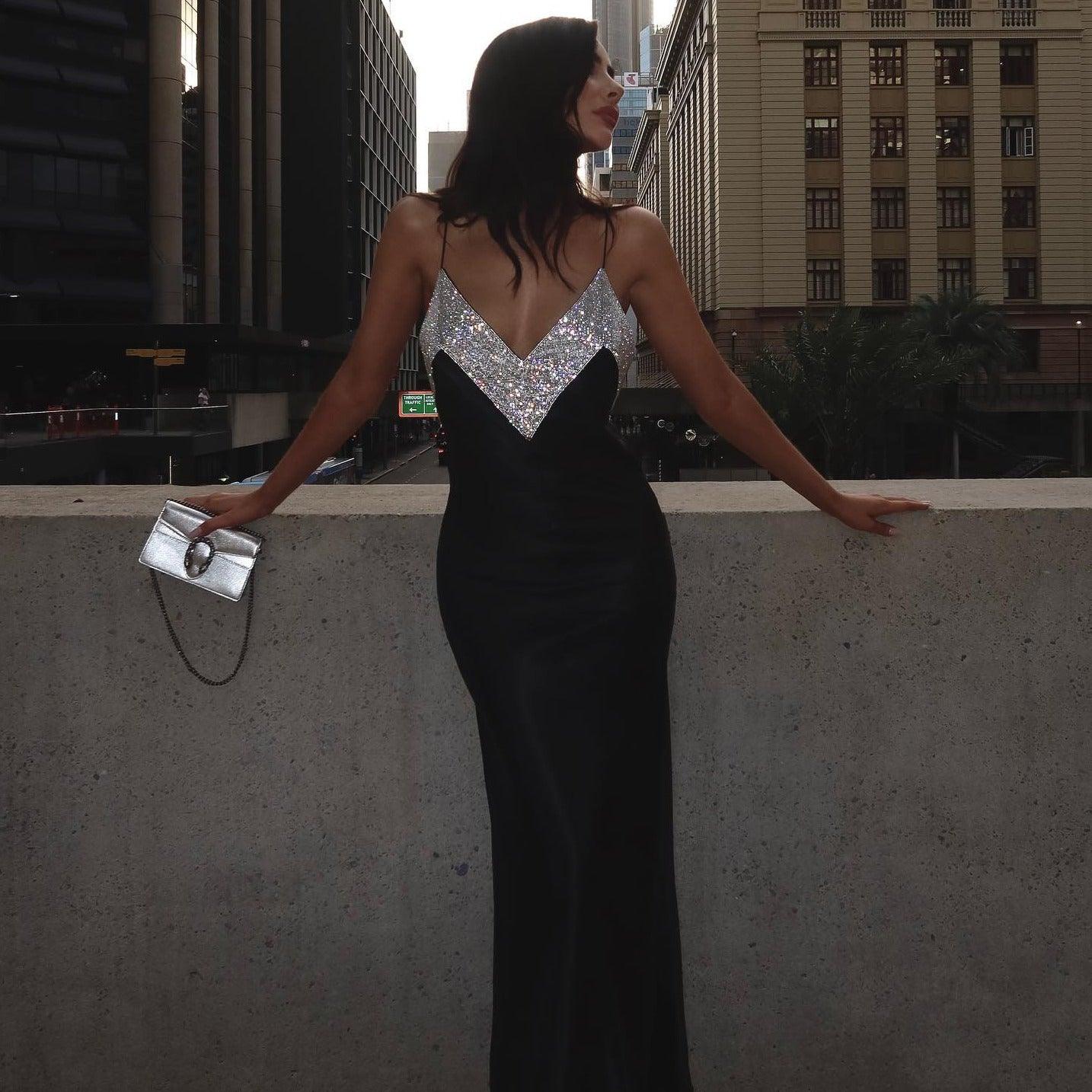 Satin Spaghetti Strap Deep V-Neck Rhinestone Chevron Bodice Slip Maxi Dress